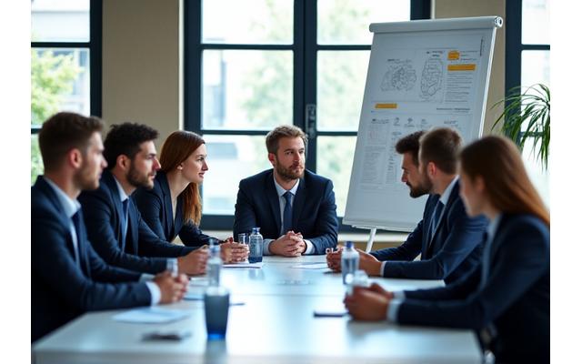 Tým Strategent Solutions diskutující strategii v moderní kanceláři